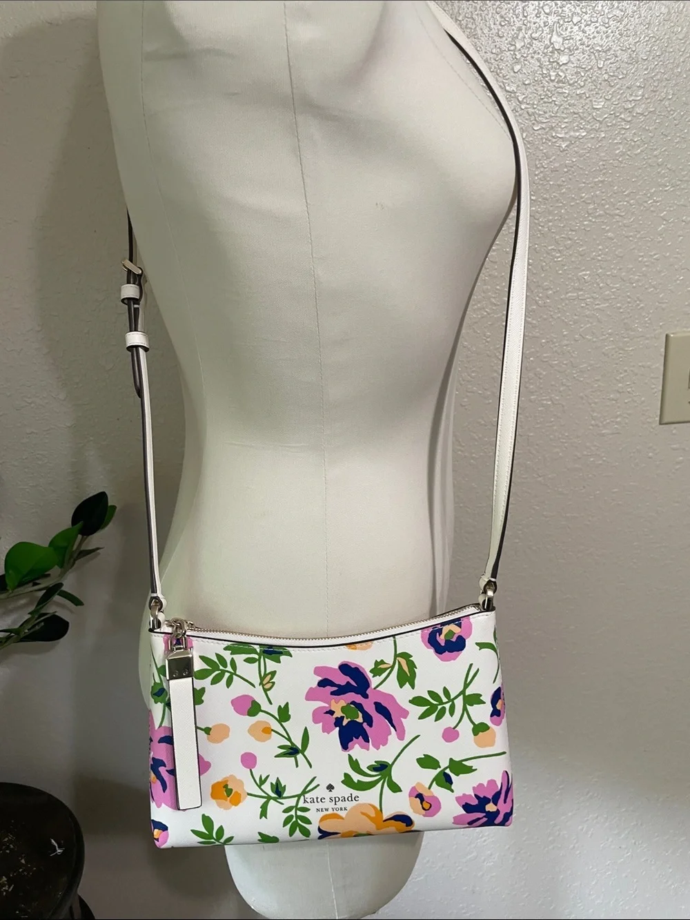 kate spade Sadie White Floral Crossbody with Pink, Purple and Green Accents